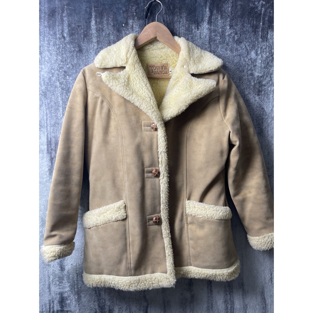Vintage Town N Ranch Shearling Coat Vegan Vinyl Suede Faux Fur Womens‎ Small
